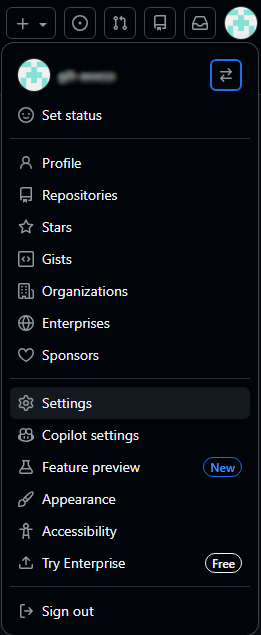Menú de perfil GitHub Settings