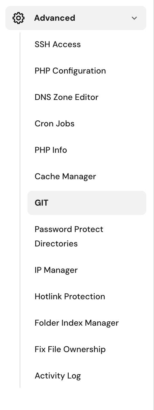 Menú Advanced con opción GIT