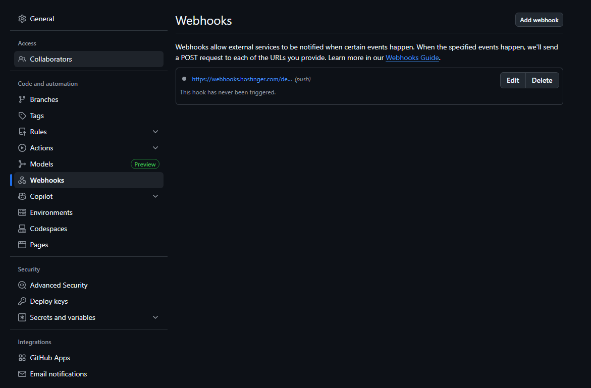 Configurar webhook con URL y content type